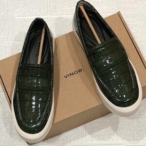 VINCE Patent Leather Ghita Slip On Sneakers Platform Loafer Shoes Olive Green 9
